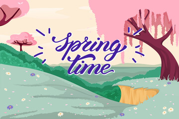 Spring time. Colourful cartoon landscape with trees in blossom. Sunny field and hills with flowers. Outdoor holidays.Vector. Template for poster, card, banner, advertising.