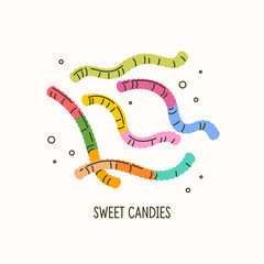 A set of sweet chewable candies. Jelly worms. Marmalades in the form of worms. Flat vector graphics.