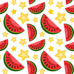 Seamless pattern with watermelon slices and stars on a white background. Food illustration for summer menu design, cafe walls, cutlery. Vector.