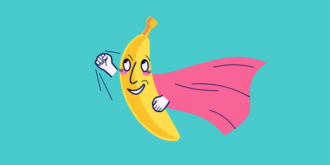 Funny banana in cartoon style. A fruit with happy eyes smiles cheerfully.