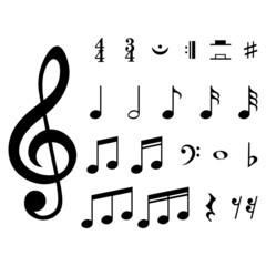 Set of musical notes and symbols, isolated icons on white background, vector illustration.