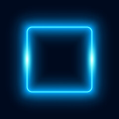 Neon blue square frame on dark background, vibrant glowing sign, vector illustration.
