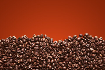 Coffee beans background for poster. Cropped pile of coffee beans.