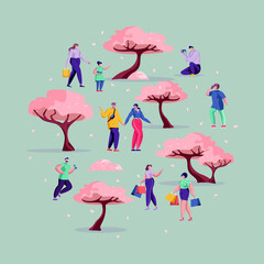 People walking in spring park with blossom. Spend and enjoy time outdoor between trees. Funny cartoon illustration in vector. Round shape. Circle concept, template for party, event, concert.