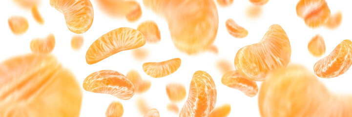 Falling mandarin slices on a white isolated background. Citrus fruit background, yellow tangerine slices with selective focus