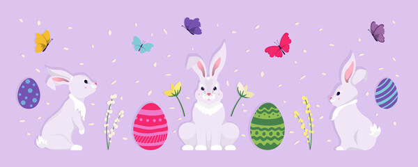 Happy Easter. Colorful vector banner with cute bunnies, rabbits, eggs, flowers, butterflies. Spring holidays. Decorated flat illustration on purple, violet background.