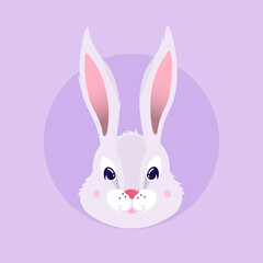 Cute easter bunny in round shape. Vector realistic rabbit on a purple, violet background. Funny cartoon illustration. Circle concept, template for card, invitation, poster, event, greeting.