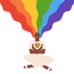 Afro american woman with lgbt rainbow hair embrace heart. Woman support lgbt community. Pride month celebration against violence, discrimination, human rights. Lgbt greeting card. Isolated on white.
