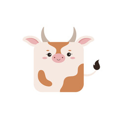 Square farm cow animal face icon isolated on white background. Cute cartoon square shape kawaii bull avatar for kids character. Vector flat cattle clip art illustration mobile ui game application.