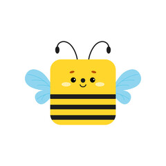 Square bee animal face icon isolated on white background. Cute cartoon square shape kawaii bee avatar with wings for kids character. Vector flat clip art illustration mobile ui game application.