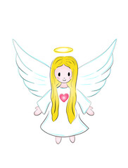 Sketch hand drawn angel girl child with long blond hair in white dress isolated on white background. Vector illustration.