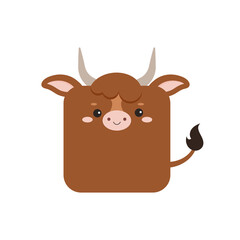 Square bull farm animal face icon isolated on white background. Cute cartoon square shape cute ox kawaii avatar for kids character. Vector flat clip art illustration mobile ui game application.