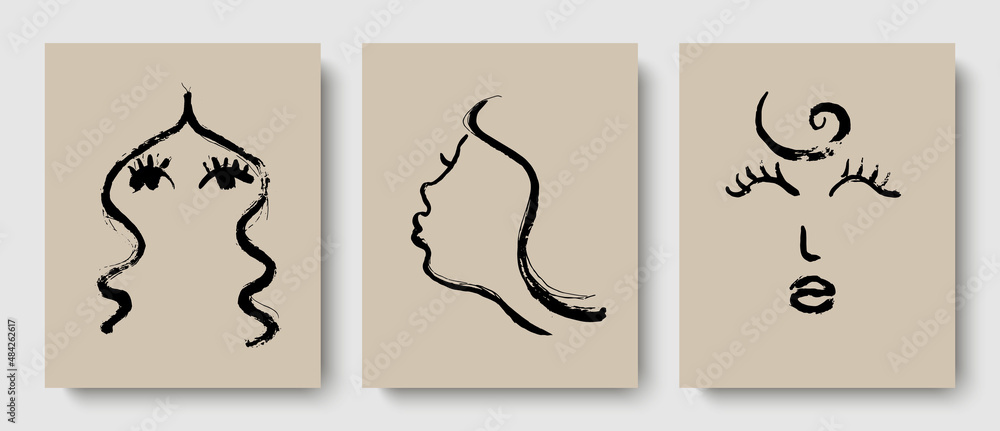 Poster simple hand drawn texture line continuous face. ink brush drawing in the style of abstractionism. tr