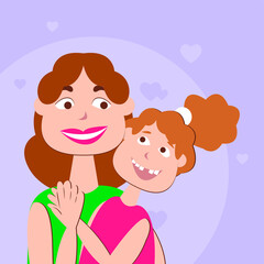 Vector graphics - portrait of a happy mom and daughter smiling and hugging close-up. Mother's Day Concept
