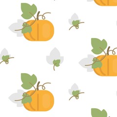 Vector seamless and cute pattern with flat illustration of ripe pumpkin and green leafs. 