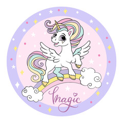 Cute joyful unicorn on the rainbow circle