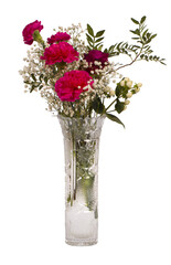 Red carnations and red rose bouquet in crystal vase