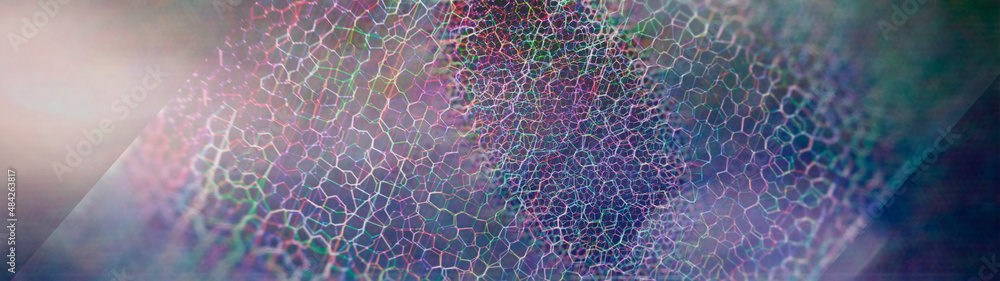 Poster abstract composition of a mesh multicolored structure in light glare, 3d render, blurred image
