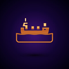 Gold Oil tanker ship icon isolated on black background. Vector