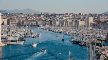 Fototapeta na wymiar The landscape of Marseille, a beautiful postcard overlooking the port of Marseille in France.