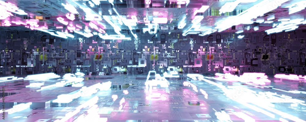 Poster abstract silicon ocmputer hardware chip technology surface 3d render illustration