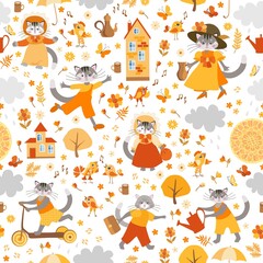 Cute fairytale seamless colorful fabric pattern for toddlers. Funny cats and kittens in costumes are watering flowers, riding a scooter, dancing, humming surrounded by flowers, birds, clouds, houses.