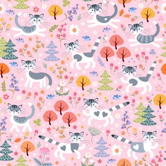 Cute cartoon cats walk in the autumn forest among trees and flowers. Seamless print for fabric for kids, newborns, bedding, wallpaper. Natural ornament on a light pink background.