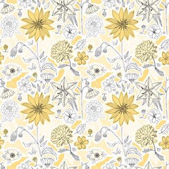 Seamless floral pattern with hand drawn flowers and yellow stains on white background. Vector illustration.