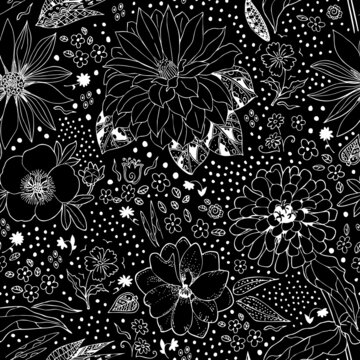 Beautiful white flowers on black background. Hand drawn seamless pattern with floral ornament.