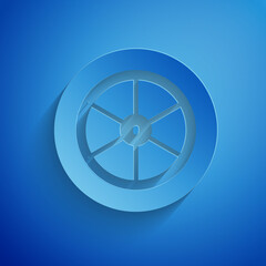 Paper cut Bicycle wheel icon isolated on blue background. Bike race. Extreme sport. Sport equipment. Paper art style. Vector