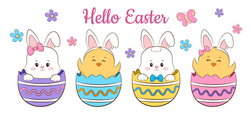Cute bunny and little chick in eggs for easter and spring