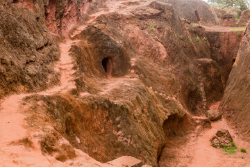 Passages between rock-hewn churches in Lalibela, Ethiopia
