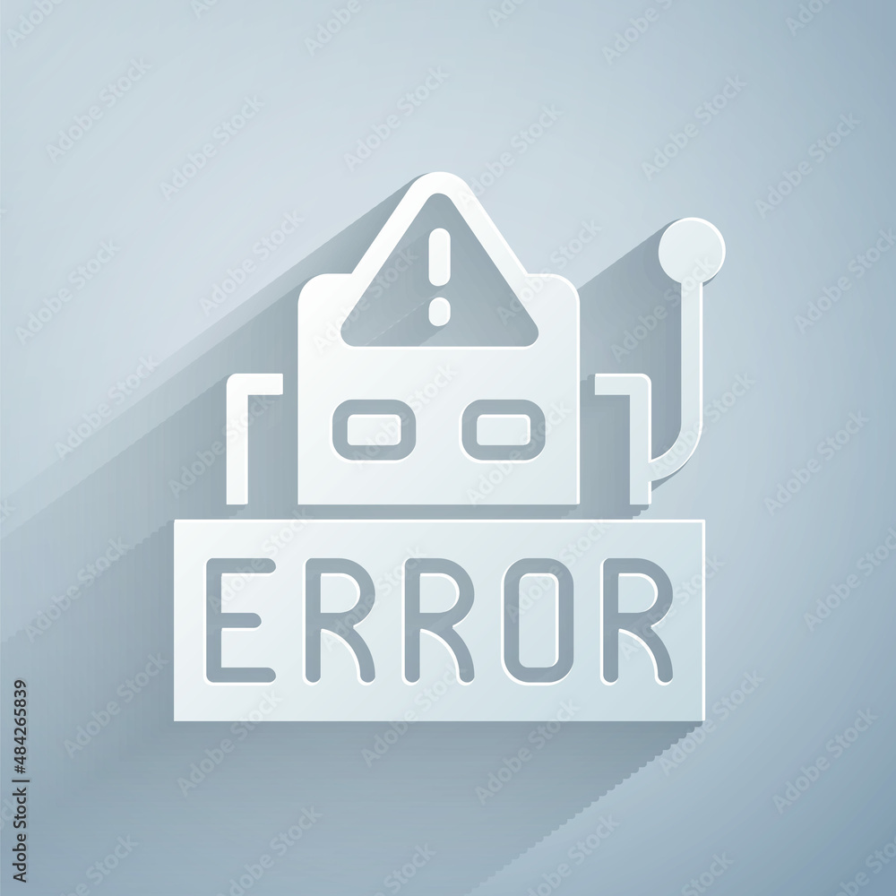 Poster paper cut error in the operation program of the robot icon isolated on grey background. a broken chi