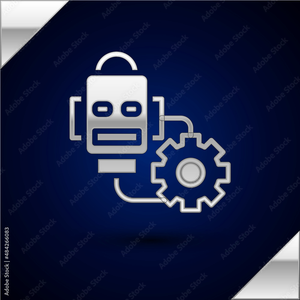 Poster silver robot setting icon isolated on dark blue background. artificial intelligence, machine learnin
