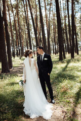 a handsome groom with a beautiful bride are walking in a pine park. portrait of newlyweds in love. lovers embrace