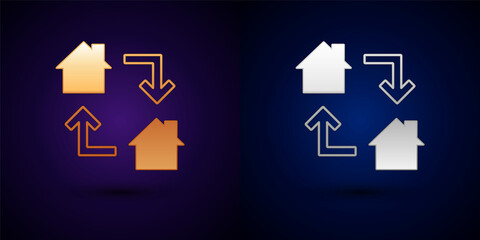 Gold and silver Online working icon isolated on black background. Freelancer man working on laptop at his house. Remote work. Distant job concept. Vector