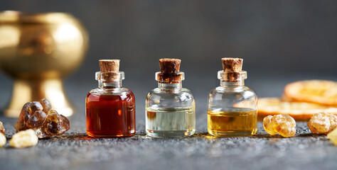 Panoramic header with aromatherapy essential oil bottles and frankincense or boswellia