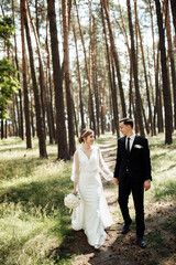 lovers hug being in nature. the bride and groom are walking in the forest. wedding couple