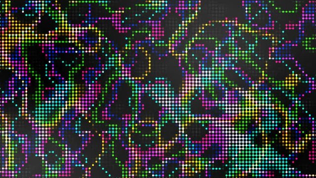 Animated color mosaic background. Texture connecting dots, rhinestones, particles. Rotation chaotic rings, waves. Movement pixels. Energy flows. Rainbow Sequins. Design technology, social networks. 4k