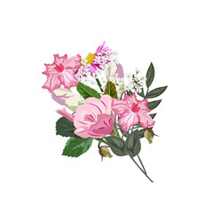Bouquet of cute pink garden flowers. Decor elements for greeting cards, wedding invitations, birthday and other celebrations. isolated on white background.
