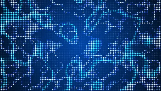 Blue animated mosaic background. Texture of connecting dots, rhinestones, particles. Rotation chaotic rings, waves. Movement of pixels. Energy flows. Sequins. Design of technology, social networks. 4k