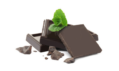 Tasty dark chocolate pieces with mint on white background