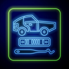 Glowing neon Car theft icon isolated on blue background. Vector