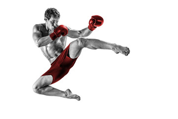Full size of kickboxer who perform muay thai martial arts in studio silhouette. Red sportswear 