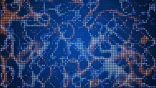 Animated mosaic background. Texture connecting dots, rhinestones, particles. Rotation chaotic rings, waves. Fire and ice. Movement pixels. Energy flows. Sequins. Design technology, social networks. 4k