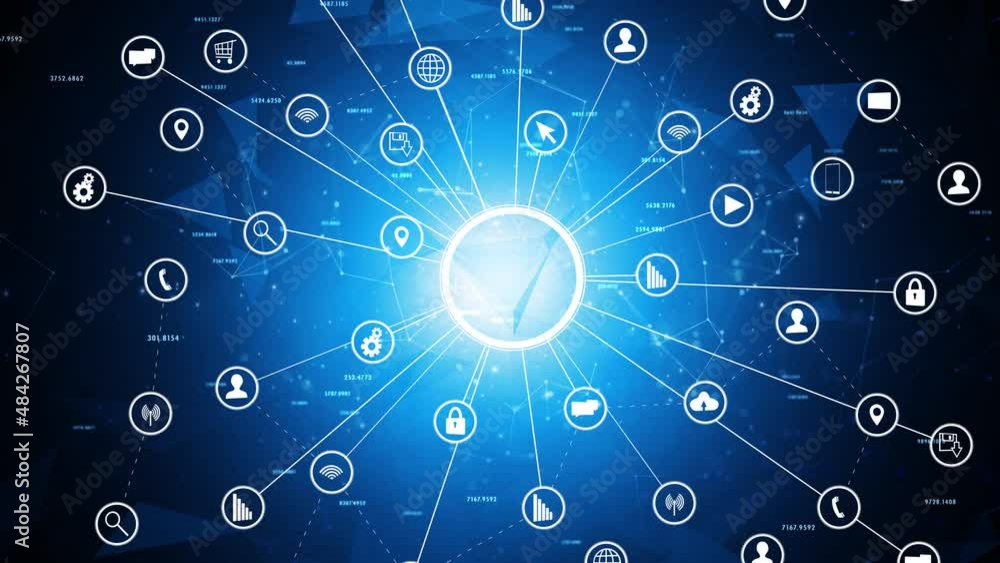 Aufkleber digital tech icon symbol cyberspace network on blue data space background.