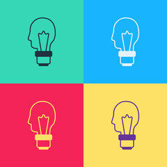 Pop art Light bulb with concept of idea icon isolated on color background. Energy and idea symbol. Inspiration concept. Vector