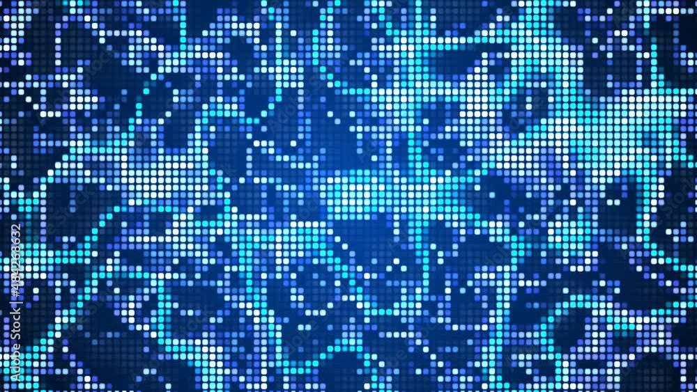 Poster wave blue animated mosaic background. a pattern of connecting lines of squares. neon glow. movement 