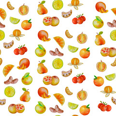 The illustration shows a seamless pattern of fruits, hand-drawn in watercolor. Strawberry, lemon, orange, pear on a white isolated background. Can be used as background for postcards, prints, textile