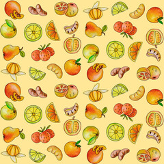 The illustration shows a seamless bright fruit pattern hand-drawn in watercolor. Strawberry, lemon, orange, pear on a yellow background. Can be used as a background for ceramics, greeting cards, print